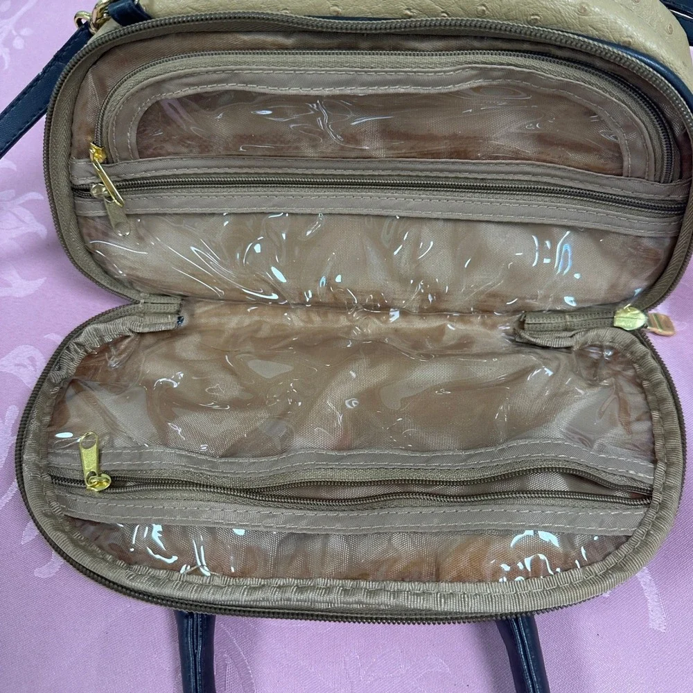 Tan Faux Ostrich Triple Zip Satchel Crossbody Bag Brown Trim Gold Hardware